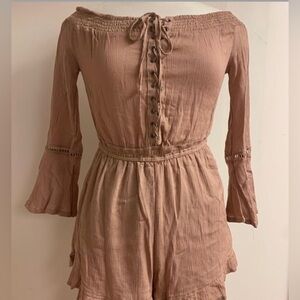 NWOT Off the shoulder beige lace up romper with bell sleeves cinched waist